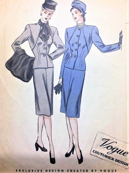 1940s CHIC Slim Suit Fur Ascot and Muff Pattern VOGUE COUTURIER Design 259 Bust 34 Stunning Slim Skirt Suit and Fab Accessories Vintage Sewing Pattern