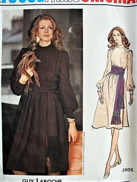 1970s LAROCHE Dress with Fringed Sash Pattern VOGUE Paris Original 2605 Beautiful Romantic Design Bust 34  Vintage Sewing Pattern