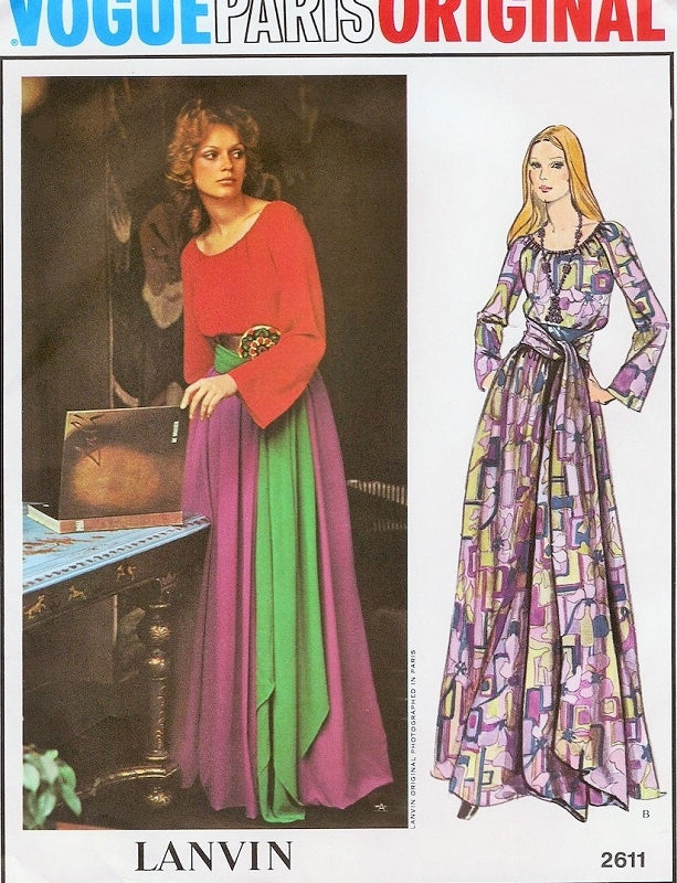 1970s Vogue Paris Original 2611 Pattern Lanvin Hip Maxi Peasant Boho Style Dress Scoop Neck Evening or Lounging Bust 32.5 Vintage Sewing Pattern UNCUT