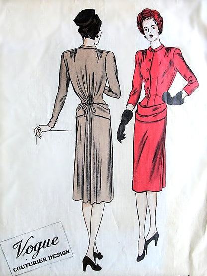 1940s GORGEOUS Film Noir Style Dress Pattern VOGUE Couturier Design 261 Slim Skirt Flared Back,Long Bodice, Draped Hip Band Day or Evening Cocktail Dinner Dress Bust 34 Vintage Sewing Pattern