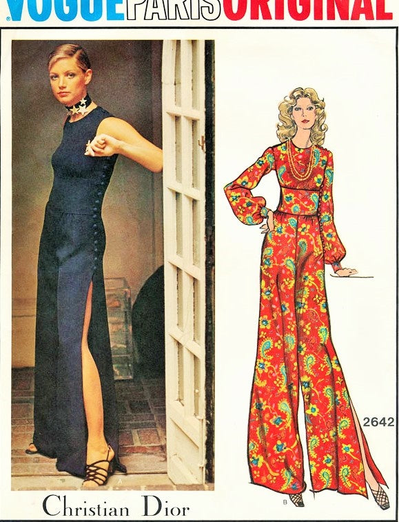 1970s Disco Sizzling DIOR Jumpsuit Pattern VOGUE Paris Original 2642 Stunning Side Slit Wide Leg Palazzo Evening Party Bust 32 Vintage Sewing Pattern