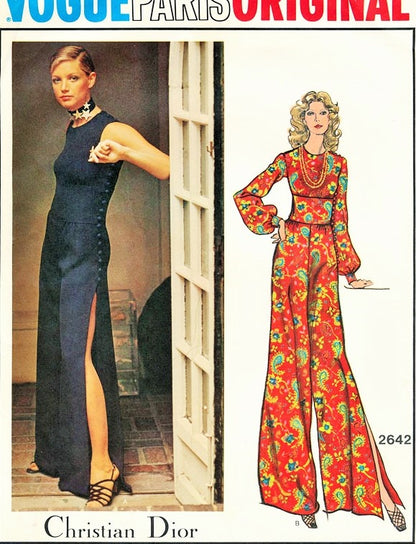 1970s Disco Sizzling DIOR Jumpsuit Pattern VOGUE Paris Original 2642 Stunning Side Slit Wide Leg Palazzo Evening Party Bust 32 Vintage Sewing Pattern