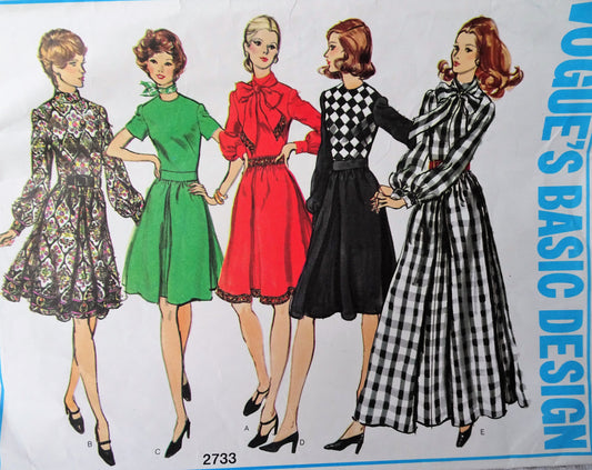 1970s FAB Dress Pattern VOGUE Basic Design 2733 Five Versions,Flared Invert Pleat Mini Maxi Dress Neck Bow Tie Puff Sleeves Bust 32 Vintage Sewing Pattern