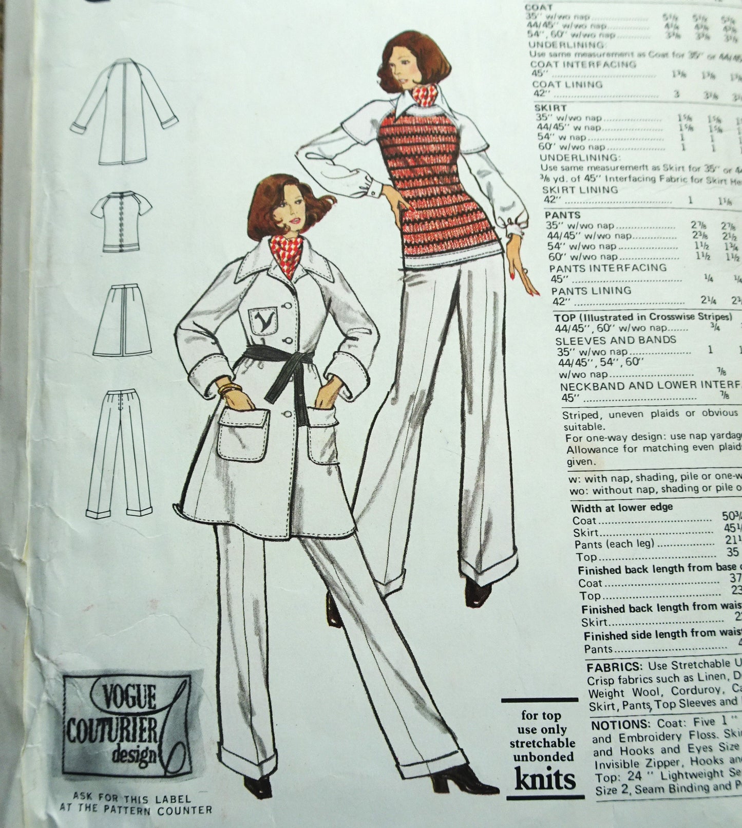 1970s VALENTINO Coat, Skirt, Pants, and Top Pattern VOGUE Couturier Design 2759 Bust 32 Vintage Sewing Pattern