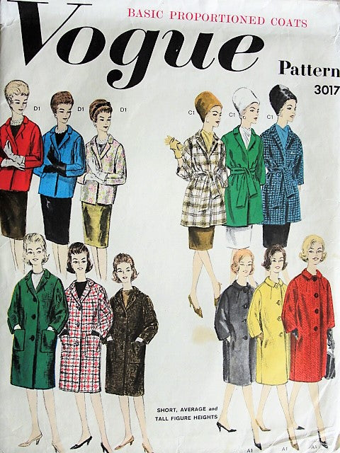 1960s CLASSY Proportioned Coats  Jackets Pattern VOGUE 3017 Four Fabulous Designs Day or Evening Bust 32 Vintage Sewing Pattern