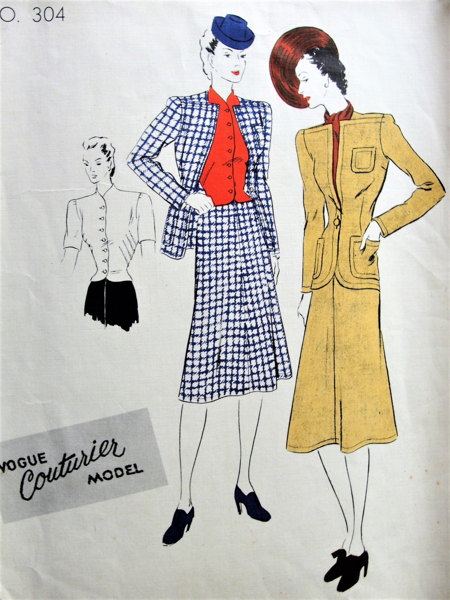 Late 1930s FABULOUS Suit,Blouse and Scarf Pattern VOGUE Couturier Model 304 Unique Jacket Design, Flared Skirt, Beautiful Over Blouse Bust 36 Vintage Sewing Pattern
