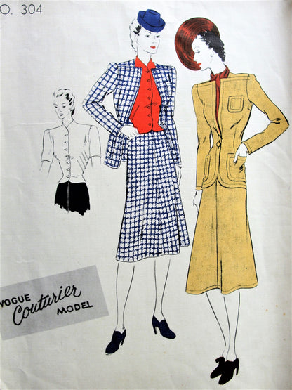 Late 1930s FABULOUS Suit,Blouse and Scarf Pattern VOGUE Couturier Model 304 Unique Jacket Design, Flared Skirt, Beautiful Over Blouse Bust 36 Vintage Sewing Pattern