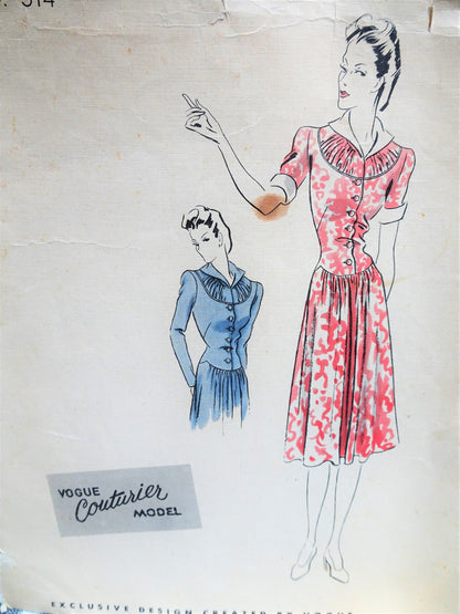 Late 1930s LOVELY Dress Pattern VOGUE Couturier Model 314 Beautiful Details Day or Dinner Dress Bust 30 Vintage Sewing Pattern