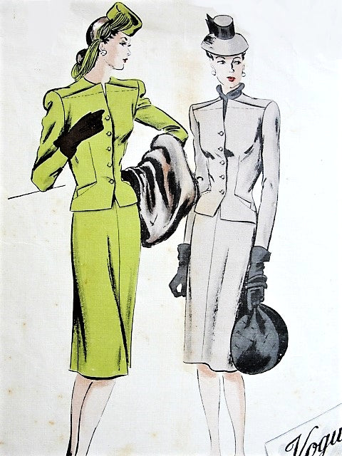 1940s CHIC Suit Pattern VOGUE Couturier Design 332 Eye Catching Style Fitted Jacket, Slim Skirt Has Flirty Godet Back Pleat, Bust 30 Vintage Sewing Pattern