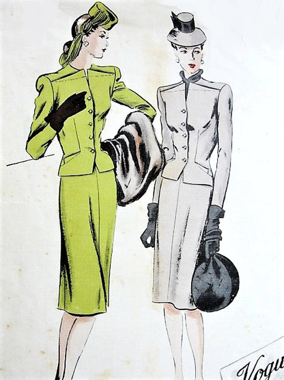 1940s CHIC Suit Pattern VOGUE Couturier Design 332 Eye Catching Style Fitted Jacket, Slim Skirt Has Flirty Godet Back Pleat, Bust 30 Vintage Sewing Pattern