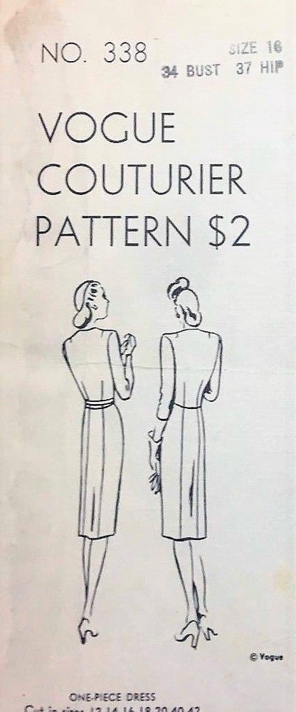 1940s FILM NOIR Slim Cocktail Dress Pattern VOGUE COUTURIER Design 338 Bust 34 Lovely Style Details Day or Evening Vintage Sewing Pattern FACTORY FOLDED