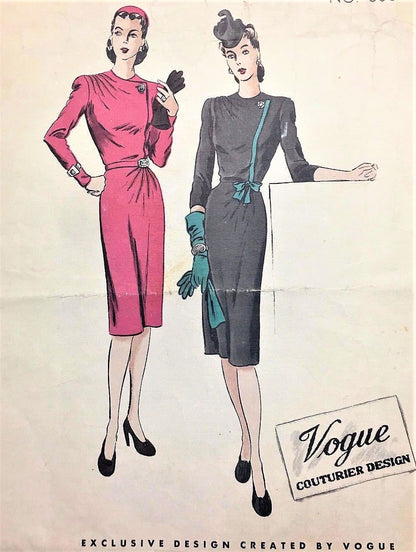 1940s FILM NOIR Slim Cocktail Dress Pattern VOGUE COUTURIER Design 338 Bust 34 Lovely Style Details Day or Evening Vintage Sewing Pattern FACTORY FOLDED