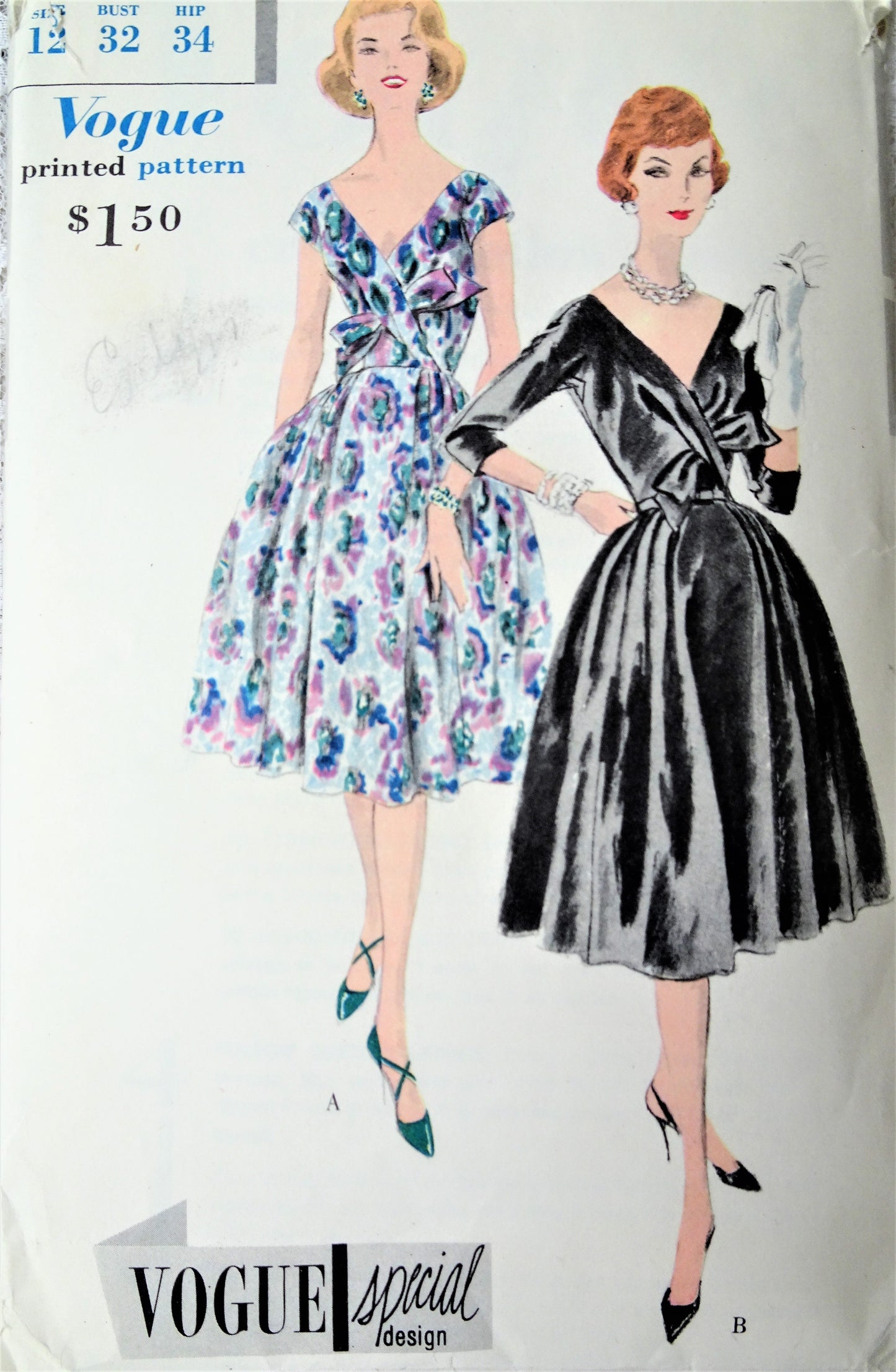 BEAUTIFUL Late 1950s Party Dress Pattern VOGUE Special Design 4019 Low V Neckline, Full Skirted Evening Cocktail Dress Bust 32 Vintage Sewing Pattern