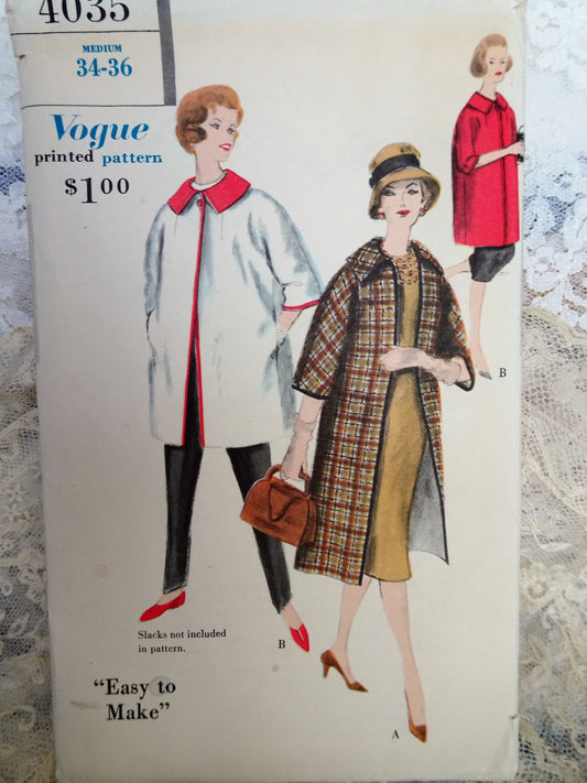 1950s EASY to Make Reversible Coat Pattern VOGUR 4035 Straight Coat or Jacket ,Bust 34-36 Vintage Sewing Pattern FACTORY FOLDED