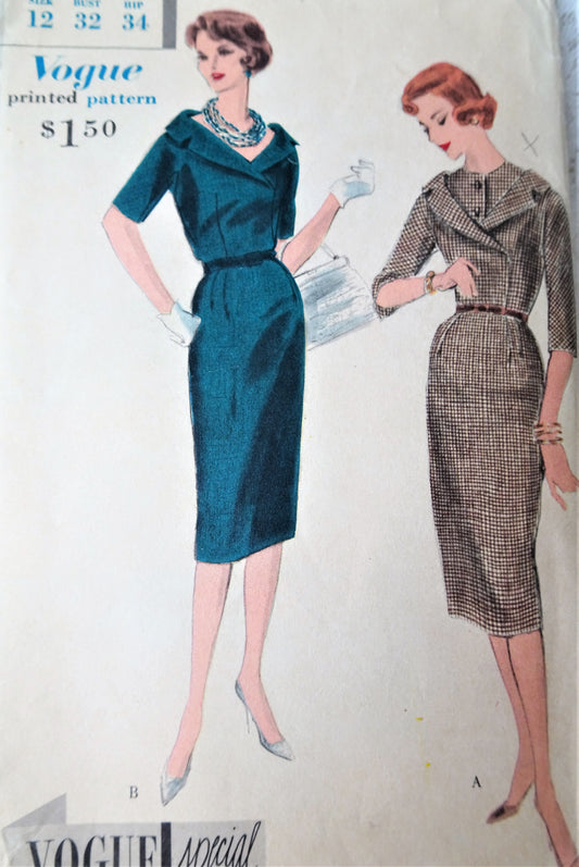 1950s CLASSY Day or Cocktail Party Dress Pattern VOGUE Special Design 4044 Slim Dress, Dickey Option,Bust 32 Vintage Sewing Pattern