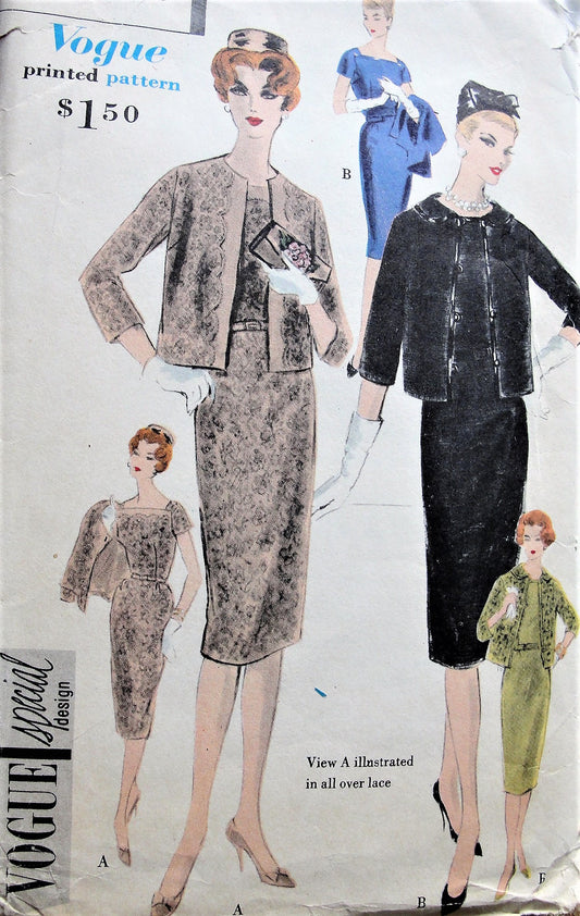 1950s Vintage STYLISH Evening or Day Dress with Jacket Vogue 4075 Sewing Pattern Bust 34
