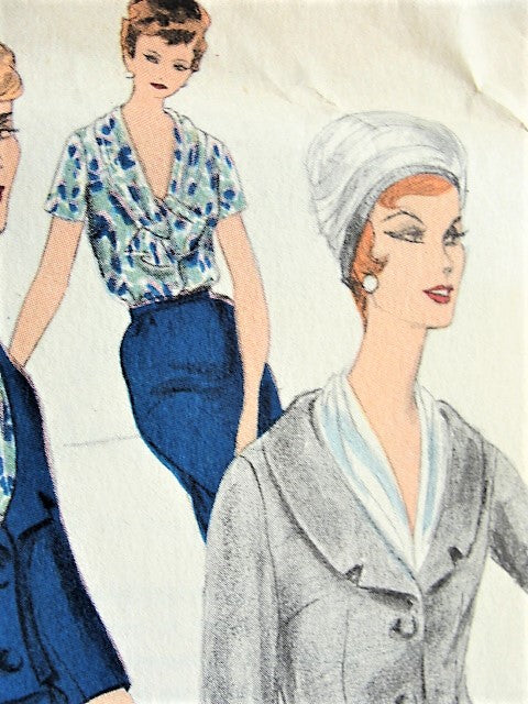 1950s ELEGANT Suit and Blouse Pattern VOGUE Special Design 4088 Slim Skirt, Short Fitted Jacket, Beautiful Tuck In Blouse Bust 31 Vintage Sewing Pattern FACTORY FOLDED