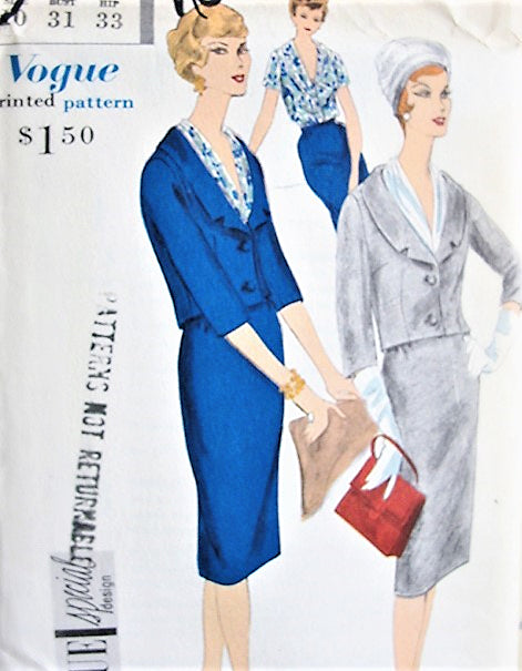 1950s ELEGANT Suit and Blouse Pattern VOGUE Special Design 4088 Slim Skirt, Short Fitted Jacket, Beautiful Tuck In Blouse Bust 31 Vintage Sewing Pattern FACTORY FOLDED