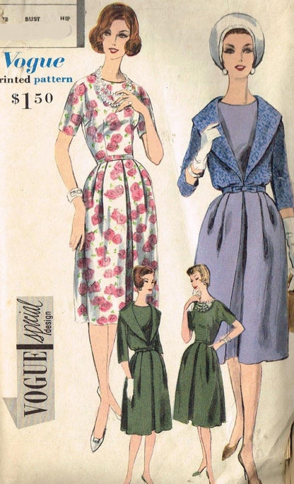 1960s CLASSY Dress and Short Jacket Pattern VOGUE Special Design 4094 Lovely Jewel Neckline Front Pleat Dress Bust 32 Vintage Sewing Pattern