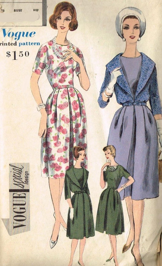 1960s CLASSY Dress and Short Jacket Pattern VOGUE Special Design 4094 Lovely Jewel Neckline Front Pleat Dress Bust 32 Vintage Sewing Pattern