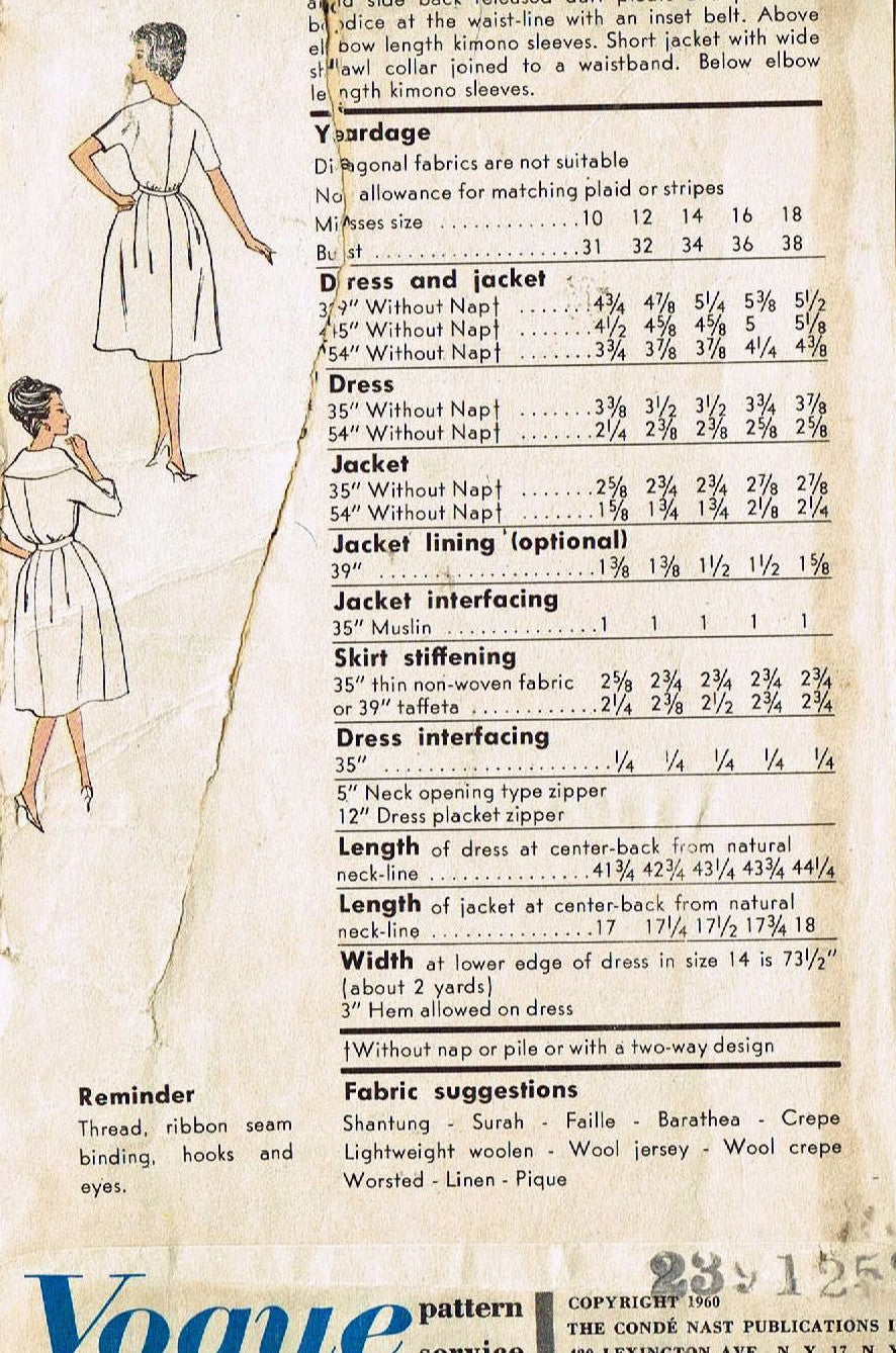 1960s CLASSY Dress and Short Jacket Pattern VOGUE Special Design 4094 Lovely Jewel Neckline Front Pleat Dress Bust 32 Vintage Sewing Pattern