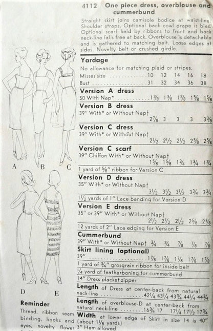 1960s DRAMATIC Cocktail Evening Party Dress Pattern VOGUE Special Design 4112 Optional Back Cowl Drape Several Style Versions Bust 38 Vintage Sewing Pattern UNCUT