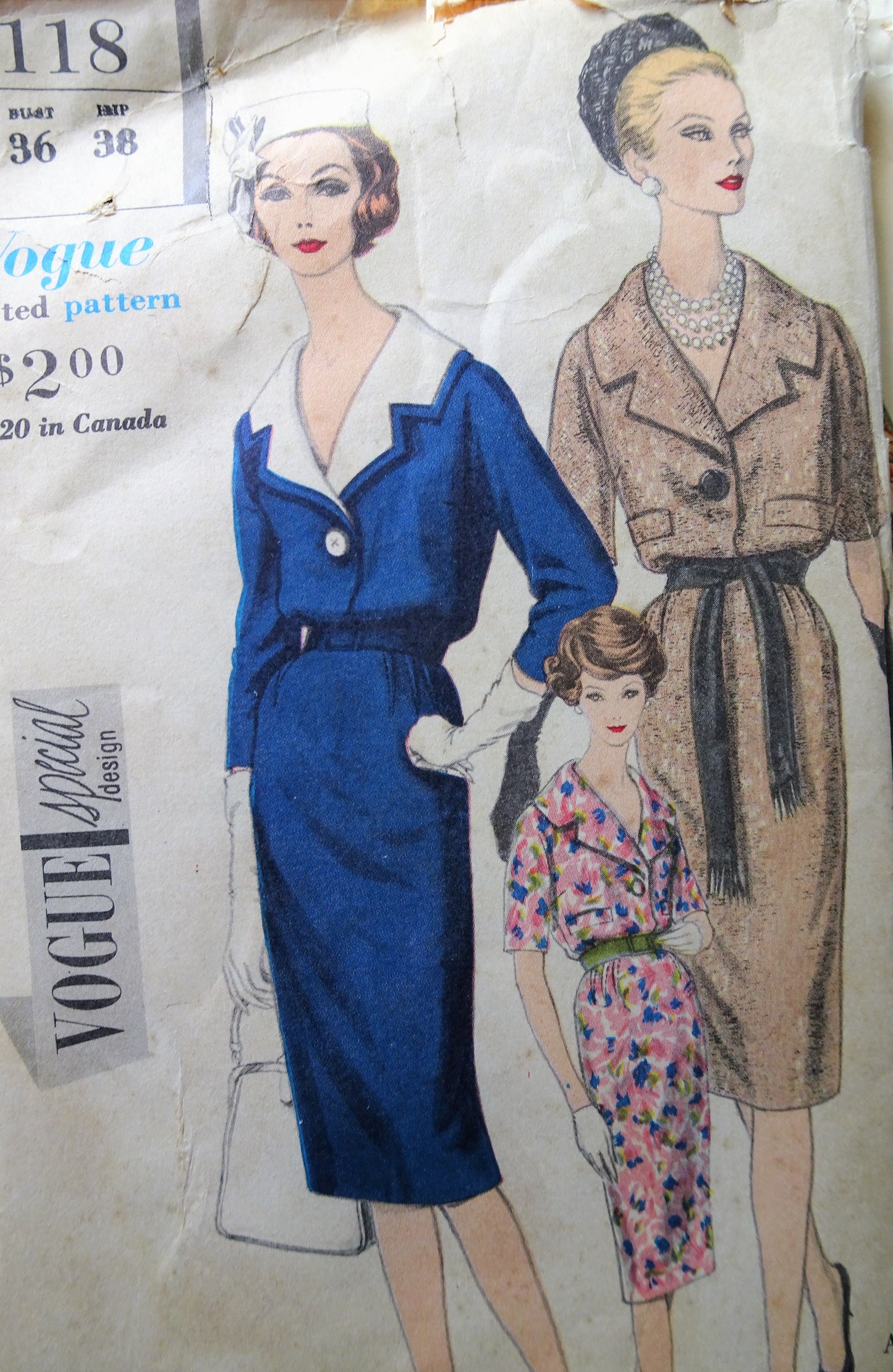 1960s Vintage POSH One Piece Dress with Single Button Closing Vogue 4118 Sewing Pattern Bust 36