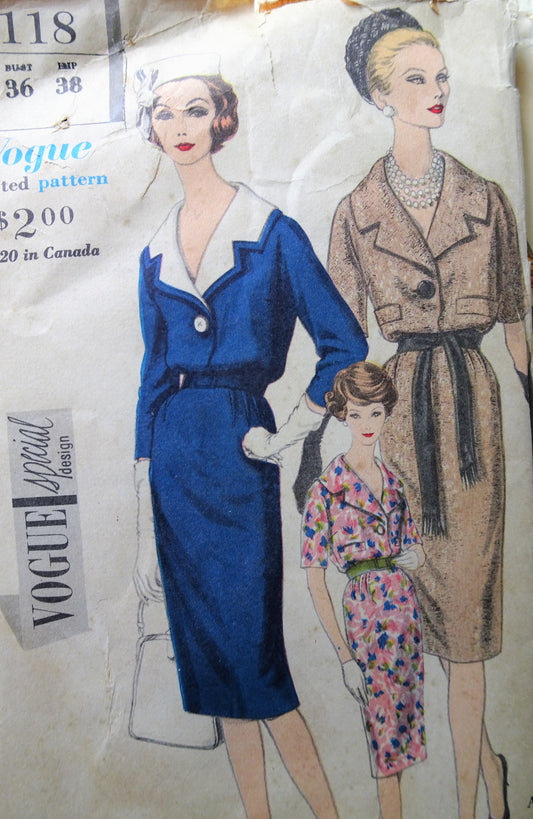 1960s Vintage POSH One Piece Dress with Single Button Closing Vogue 4118 Sewing Pattern Bust 36