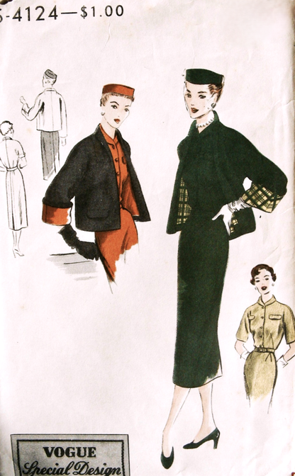 1950s STYLISH Slim Dress and Box Jacket Pattern VOGUE Special Design 4124 Beautiful Jacket Wide Cuffs, Slightly Tailored Dress, Bust 34 Vintage Sewing Pattern