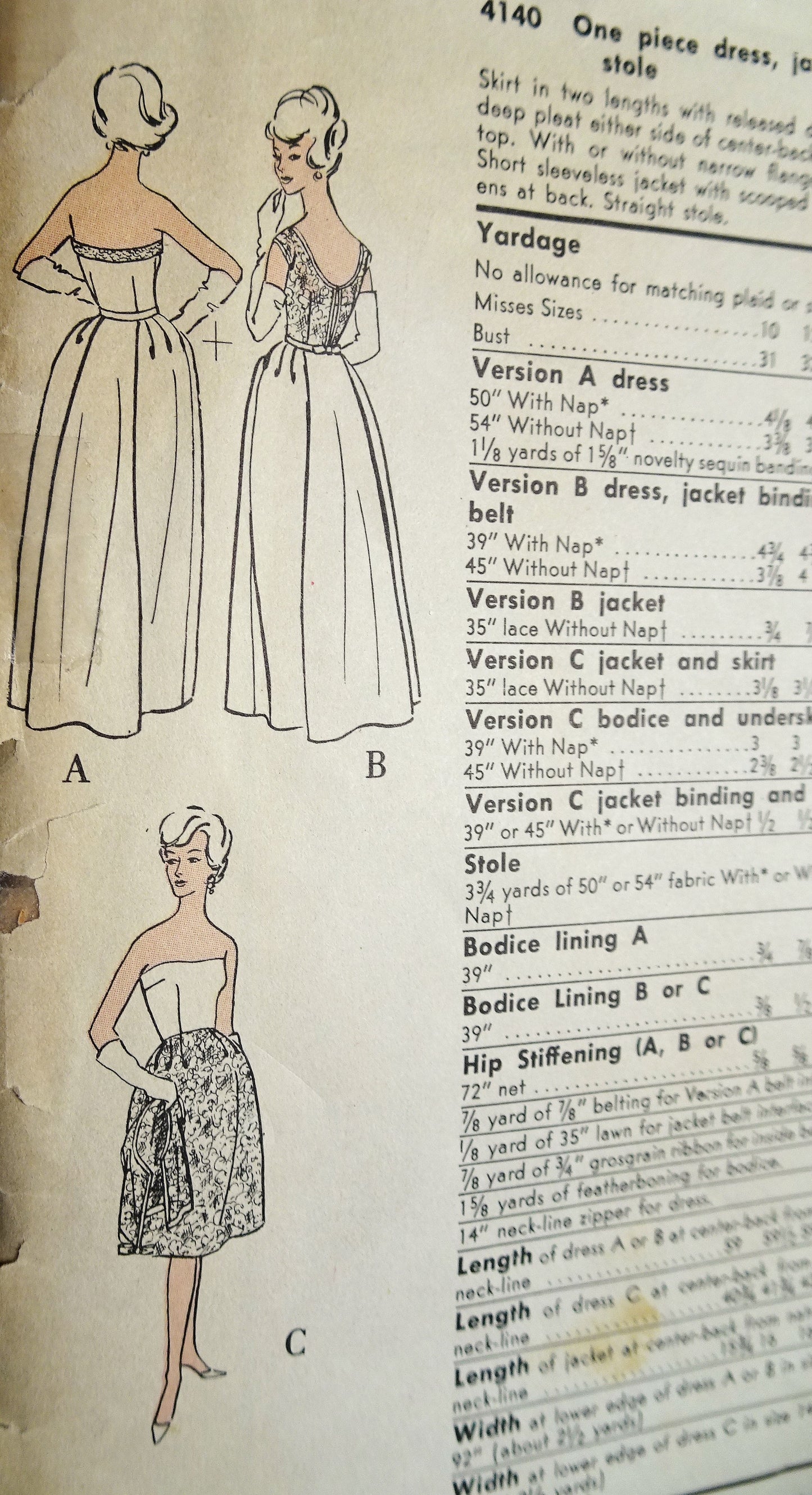 1960 BEAUTIFUL Evening Cocktail Party Dress, Jacket and Stole Pattern VOGUE Special Design 4140 Bust 34 Vintage Sewing Pattern