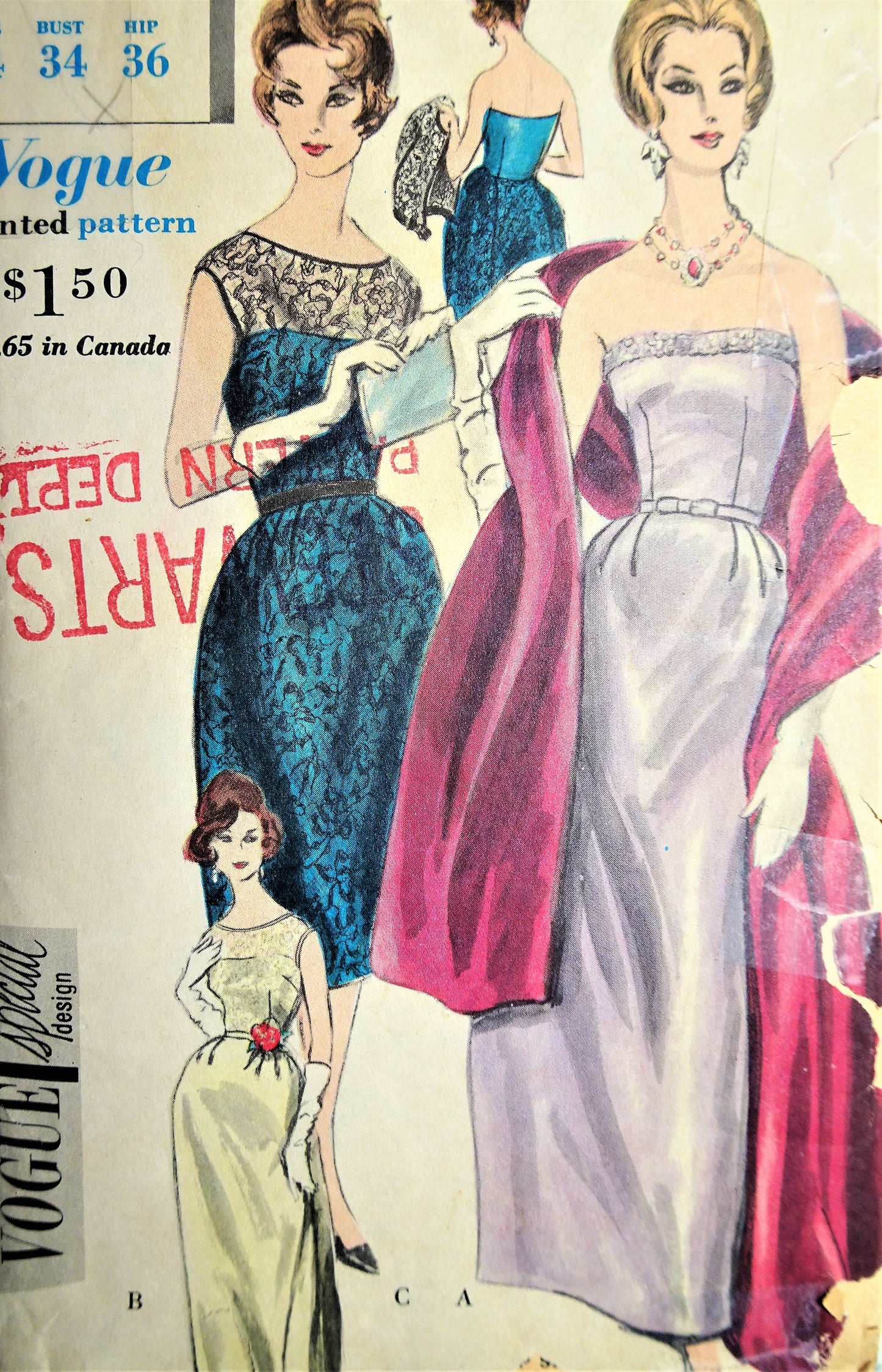 1960 BEAUTIFUL Evening Cocktail Party Dress, Jacket and Stole Pattern VOGUE Special Design 4140 Bust 34 Vintage Sewing Pattern