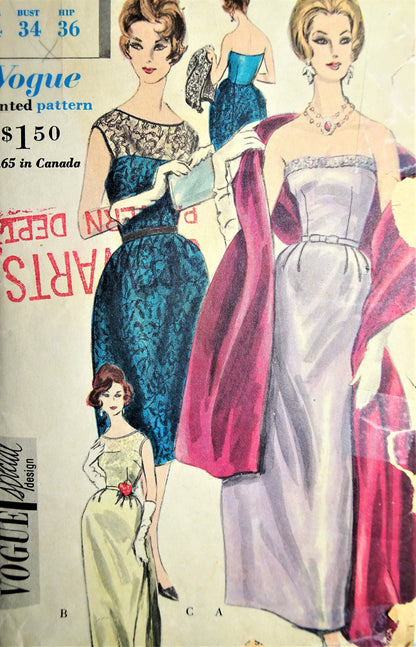 1960 BEAUTIFUL Evening Cocktail Party Dress, Jacket and Stole Pattern VOGUE Special Design 4140 Bust 34 Vintage Sewing Pattern