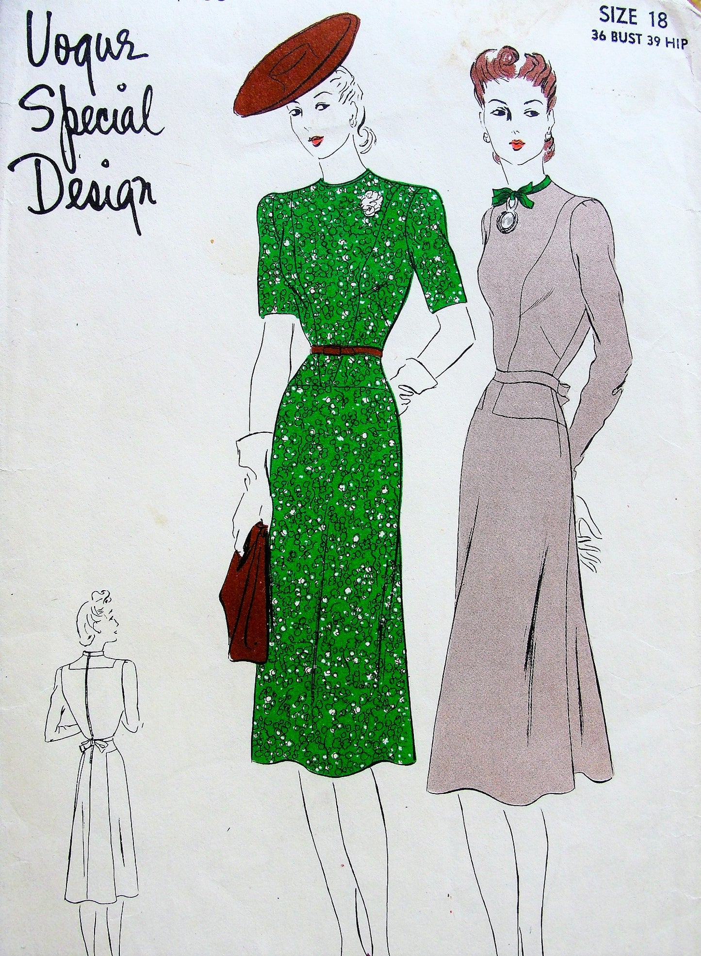 Late 1930s BEAUTIFUL Slim Silhouette Dress Pattern VOGUE Special Design 4184 Lovely Design, Bust 36 Vintage Sewing Pattern