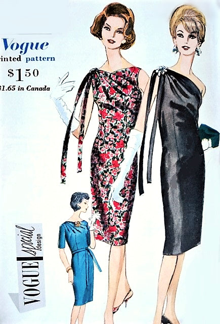 1960s STUNNING Slim One Shoulder Evening Cocktail Party Dress Pattern VOGUE Special Design 4228 Draped Shoulder, 3 Style Options Daytime or Evening Wear Bust 34 Vintage Sewing Pattern