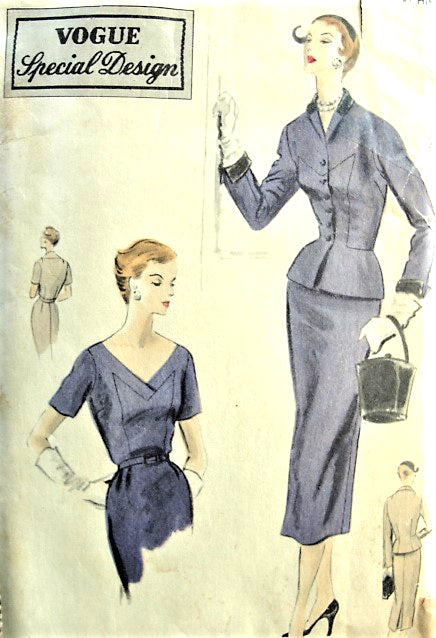 1950s CLASSY Slim Dress and Fitted Peplum Jacket Pattern VOGUE Special Design 4427 Lovely Deep V Neckline Dress Beautifully Fitted Jacket Bust 36 Vntage Sewing Pattern