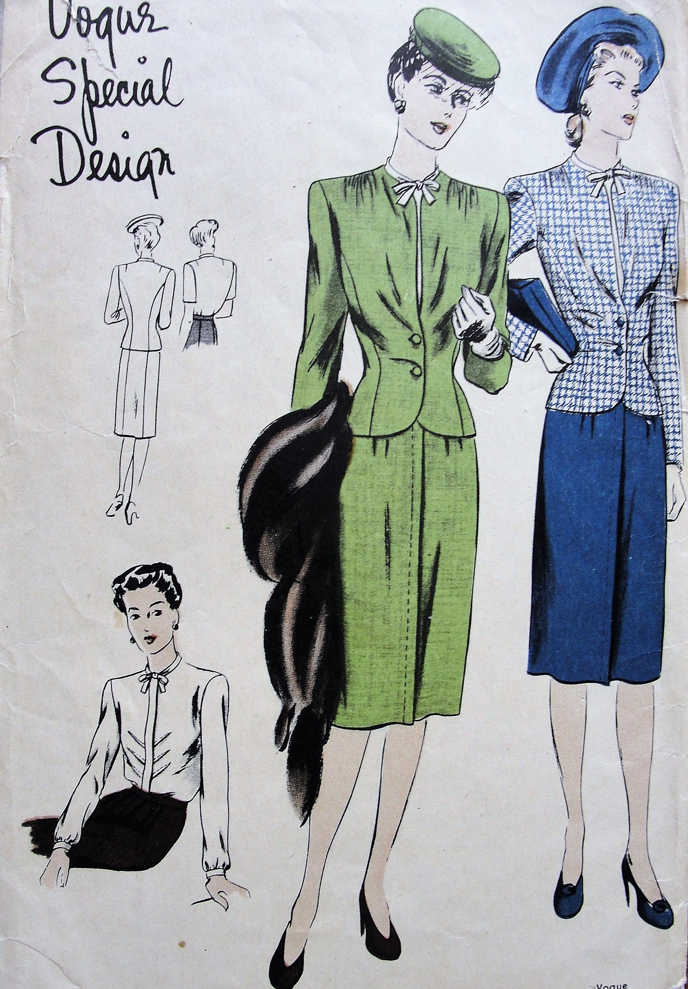 1940s FAB Nip In Waist Suit and Blouse Pattern VOGUE Special Design 4448  Lovely Slim Skirt, Fitted Jacket and Beautiful Tuck in Blouse Bust 34 Vintage Sewing Pattern
