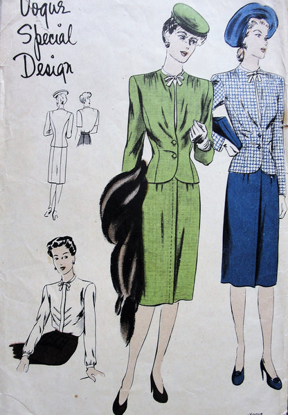 1940s FAB Nip In Waist Suit and Blouse Pattern VOGUE Special Design 4448  Lovely Slim Skirt, Fitted Jacket and Beautiful Tuck in Blouse Bust 34 Vintage Sewing Pattern