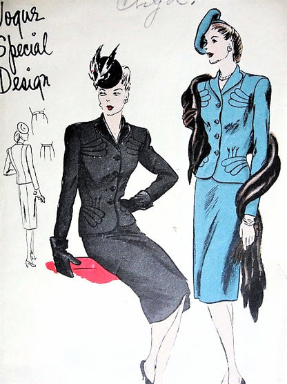 1940s STUNNING Suit Pattern VOGUE Special Design 4569 Unique Design With Applique Motifs, Slim Skirt, Day or Evening Suit Bust 30 Vintage Sewing Pattern