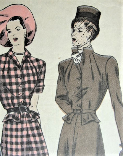 1940s UNIQUE Peplum Dress Pattern VOGUE Special Design 4693 Flared Skirt Dress 2 Necklines,Includes Cravat Bust 30 Vintage Sewing Pattern