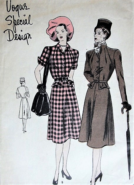 1940s UNIQUE Peplum Dress Pattern VOGUE Special Design 4693 Flared Skirt Dress 2 Necklines,Includes Cravat Bust 30 Vintage Sewing Pattern