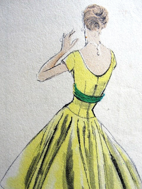 1950s DRAMATIC Circular Skirt Evening Party Dress Pattern VOGUE Special Design 4696 Beautiful Full Skirt With Elongated Bodice, Oval Front Neckline Low Back Bust Bust 32 Vintage Sewing Pattern