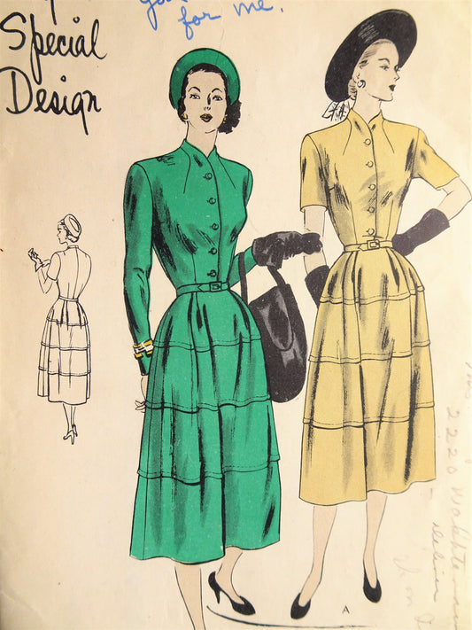 1940s Vintage GRACEFUL Dress with Tiered Skirt Vogue 4802 Sewing Pattern Bust 34