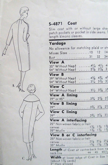 1950s CHIC Slim Coat Pattern VOGUE Special Design 4871 Two Wonderful Styles Bust 32 Vintage Sewing Pattern