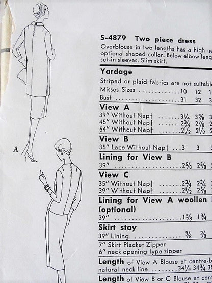 1950s ELEGANT 2 Pc Dress Pattern VOGUE Special Design 4879 Slim Skirt With 2 Overblouse Lengths Day or Dinner Bust 34 Vintage Sewing Pattern