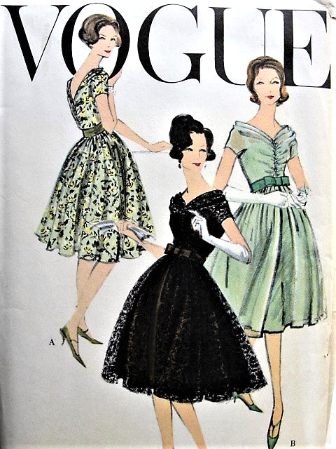 1950s LOVELY Evening Dress and Slip Pattern VOGUE Special Design 4919 Dreamy V Necklines, Shirred Bodice, Full Skirt Cocktail Party Dress Bust 36 Vintage Sewing Pattern FACTORY FOLDED