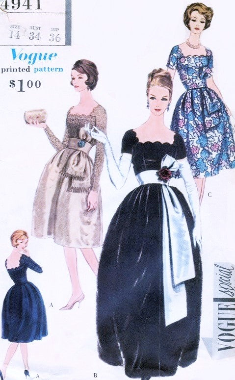 GLAMOROUS 1950s Cocktail Party Dress or Evening Gown Pattern VOGUE SPECIAL DESIGN 4941 Scalloped Neckline Bell Skirt Cummerbund Sash Perfect For Lace Fabrics Bust 34 Vintage Sewing Pattern