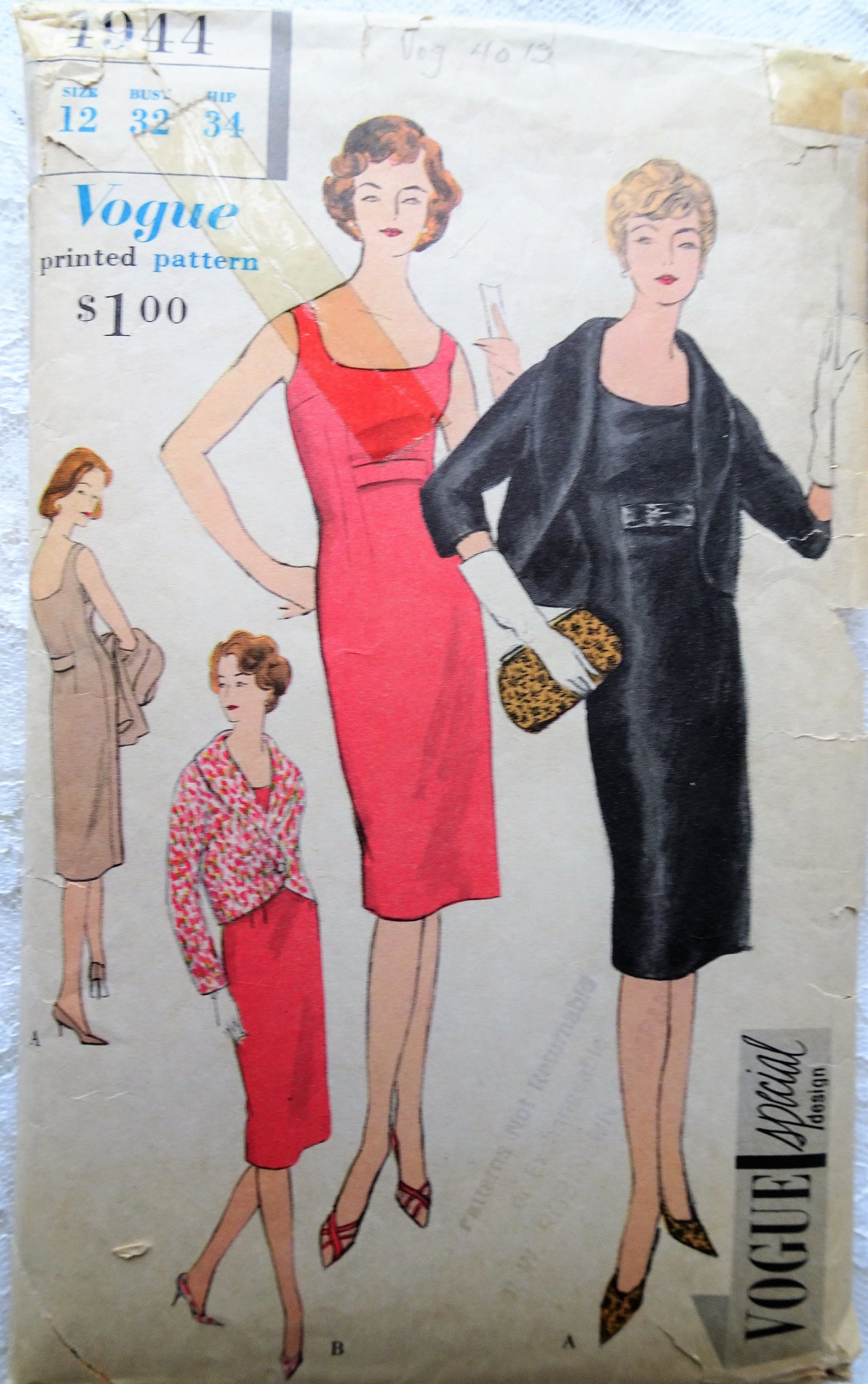 1950s STUNNING Cocktail Party Dress and Jacket Pattern VOGUE Special Design 4944,Slim Dress and Shawl Collar Jacket, Bust 32 Vintage Sewing Pattern