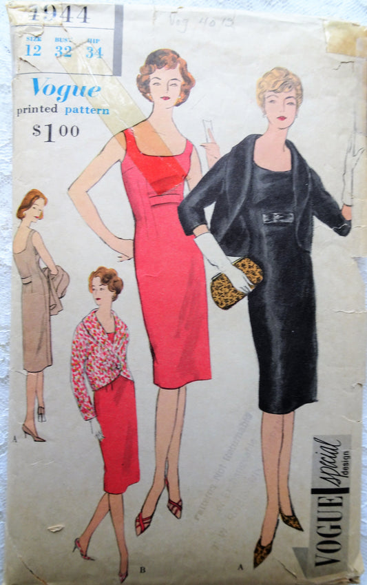 1950s STUNNING Cocktail Party Dress and Jacket Pattern VOGUE Special Design 4944,Slim Dress and Shawl Collar Jacket, Bust 32 Vintage Sewing Pattern
