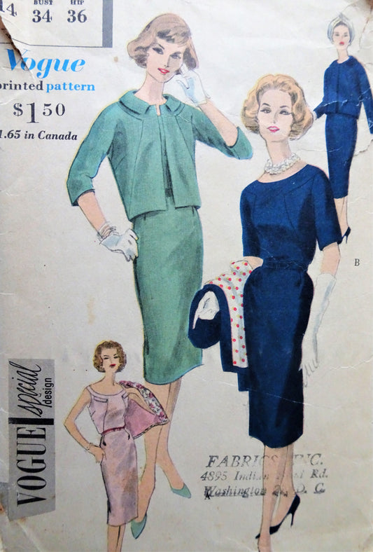 1950s CLASSY Slim Dress and Jacket Pattern VOGUE Special Design 4995 Beautiful Design Daytime or After 5 Bust 34 Vintage Sewing Pattern