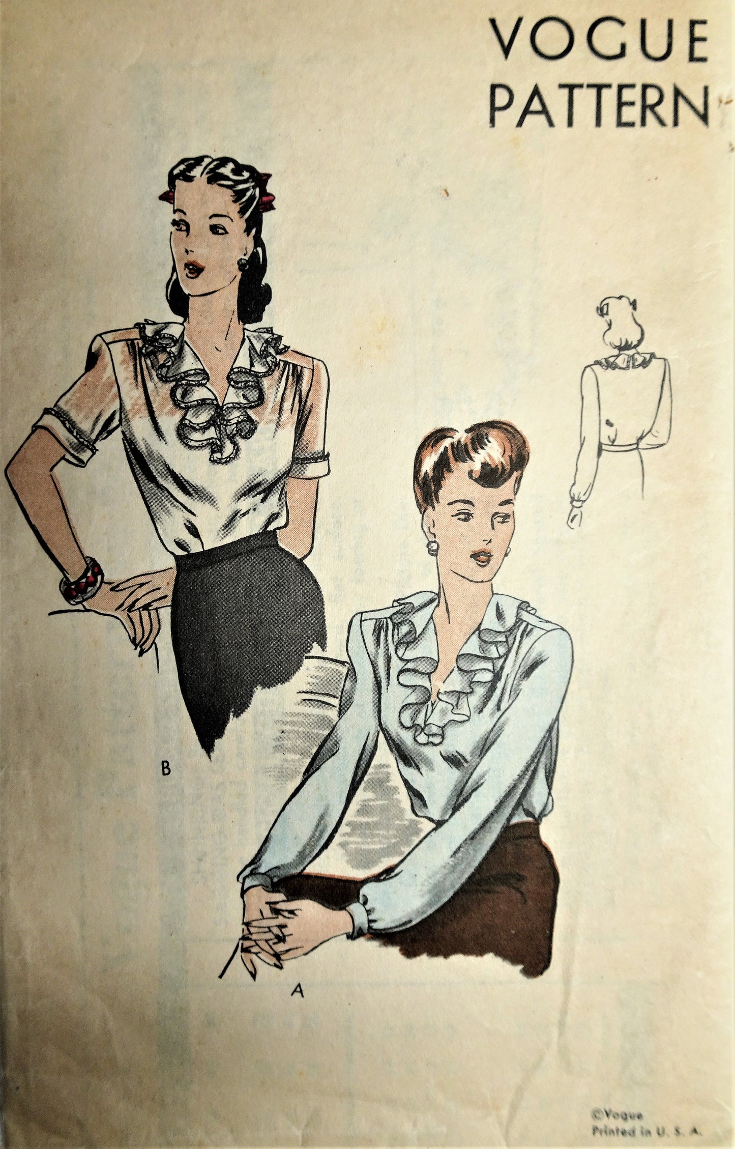 1940s ROMANTIC Blouse Pattern VOGUE 5033 Tuck In Blouse with Flattering Ruffled Neckline  2 Style Versions Bust 32 Vintage Sewing Pattern